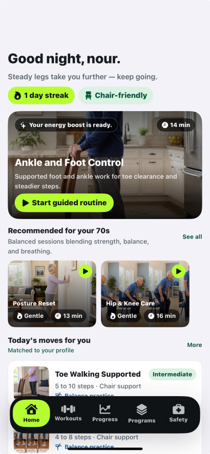 FitGently app showing today's workout plan with chair-supported exercises